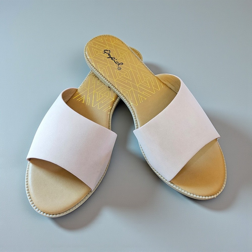 NEW Qupid Blush Pink Faux Suede Slide Sandals Flat Slip On Open Toe Shoes SZ 10